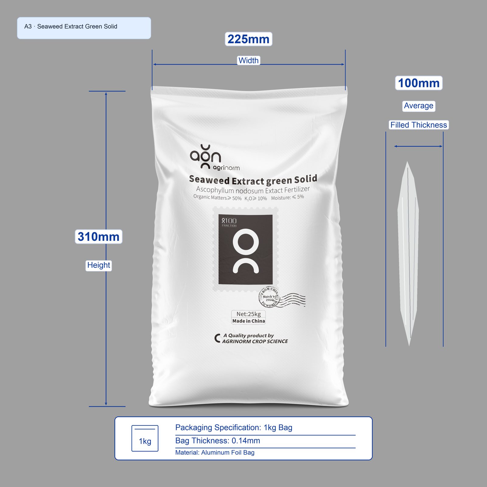 Seaweed Extract Green Solid 1kg bag dimensions