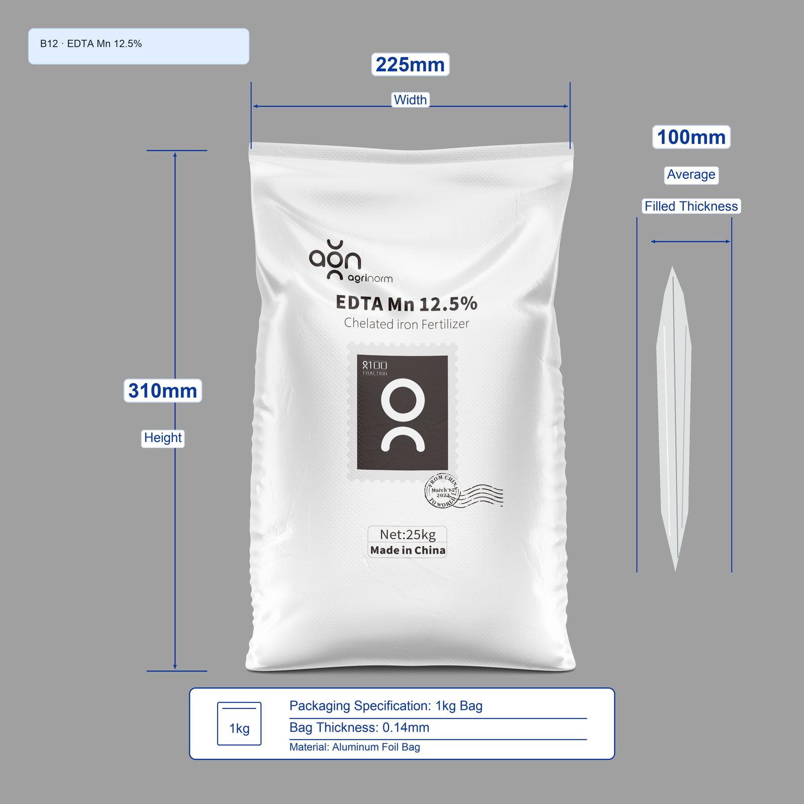 EDTA Mn 12.5% 1kg bag dimensions