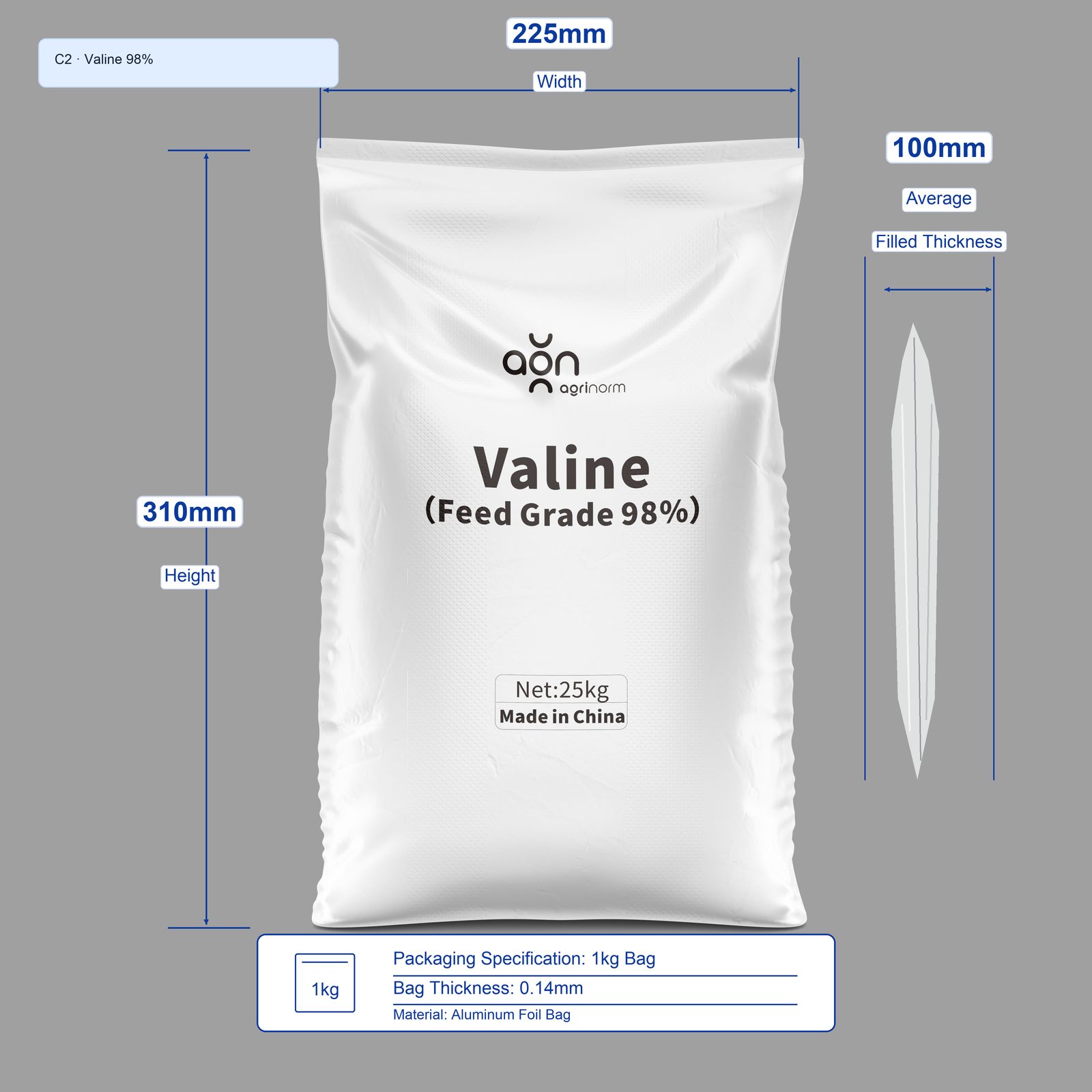 Valine 98% 1kg bag dimensions